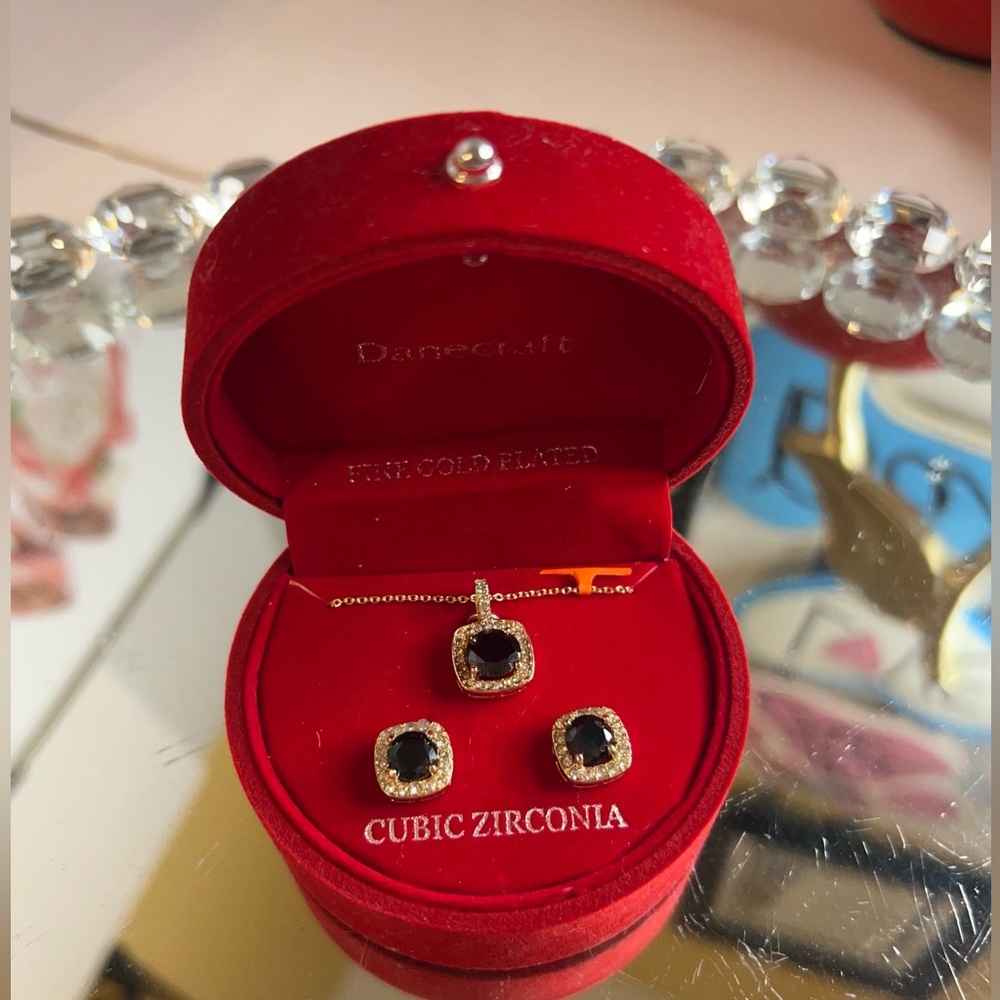 Danecraft NWOT fine gold plated cubic zirconia necklace and earring set.